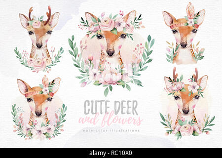 Watercolor set of forest cartoon isolated cute baby deer animal with flowers. Nursery woodland illustration with flower bouquet and floral. Stock Photo