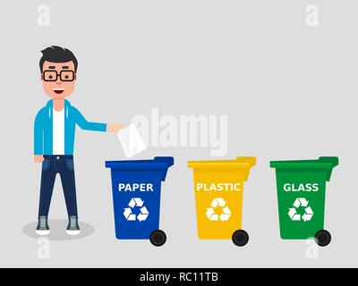 Young man throwing a paper in an appropriate recycle bin.There are three different colored trash cans.Recycling paper,segregate waste,sorting garbage Stock Vector