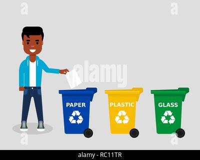 Young African American throwing a paper in an appropriate recycle bin.There are three different colored trash cans.Recycling paper,segregate waste Stock Vector