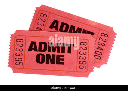 Two red admit one retro movie tickets isolated Stock Photo