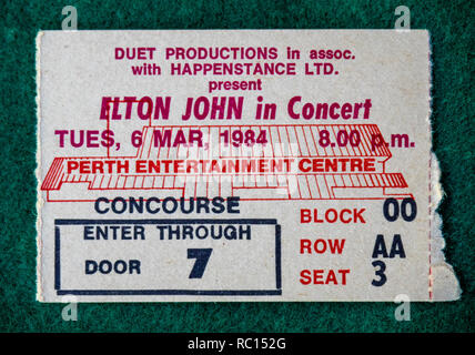 Ticket for Elton John concert at Perth Entertainment Centre in 1984 WA Australia. Stock Photo