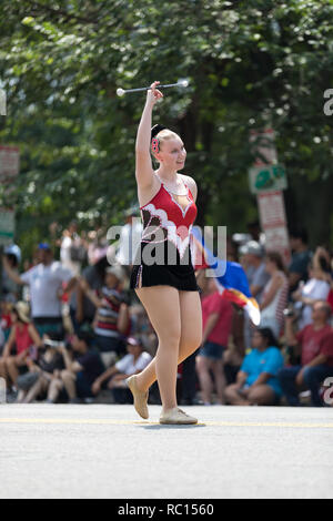 Washington, D.C., USA - July 4, 2018, The National Independence Day Parade, The Bulldog Marching Band and Colorguard from Bedford High School, New Ham Stock Photo