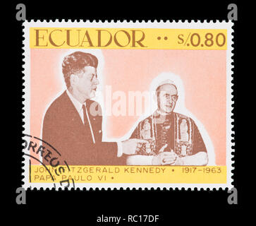 Postage stamp from Ecuador depicting John F. Kennedy, 50'th anniversary of his birth, and Pope Paul VI. Stock Photo