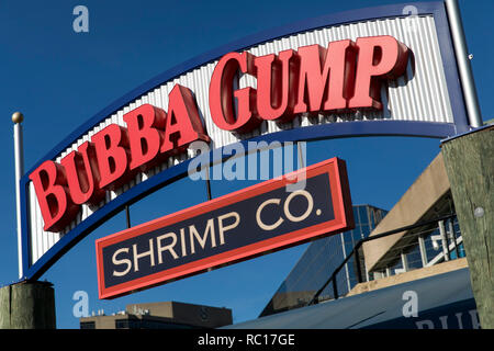 A logo sign outside of a Bubba Gump Shrimp Company restaurant location in Baltimore, Maryland on January 11, 2019. Stock Photo