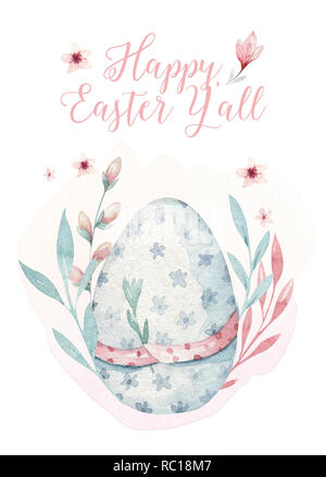 Hand drawn watercolor happy easter set with eggs design. Egg with basket bohemian style, isolated boho illustration on white. Cute illustration for easter design Stock Photo