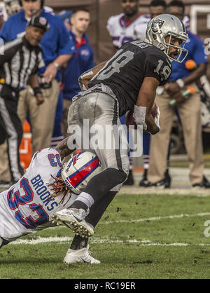 FILE - In this Nov. 25, 2018, file photo, Buffalo Bills' Andre Holmes runs  a route during the first half of an NFL football game, in Orchard Park,  N.Y. The Denver Broncos