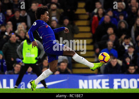 London, UK. 12th Jan, 2019. Willian of Chelsea in action. Premier League match, Chelsea v Newcastle Utd at Stamford Bridge in London on Saturday 12th January 2019. this image may only be used for Editorial purposes. Editorial use only, license required for commercial use. No use in betting, games or a single club/league/player publications. pic by Steffan Bowen/ Credit: Andrew Orchard sports photography/Alamy Live News Stock Photo