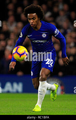 London, UK. 12th Jan, 2019. Willian of Chelsea in action. Premier League match, Chelsea v Newcastle Utd at Stamford Bridge in London on Saturday 12th January 2019. this image may only be used for Editorial purposes. Editorial use only, license required for commercial use. No use in betting, games or a single club/league/player publications. pic by Steffan Bowen/ Credit: Andrew Orchard sports photography/Alamy Live News Stock Photo