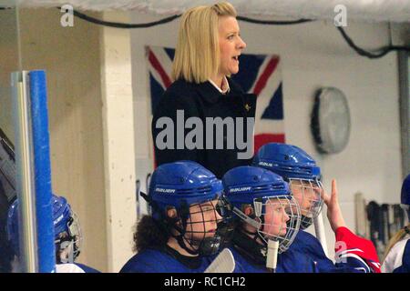 Dumfries, Scotland, 12 January 2019. Cheryl Smith, Head Coach of Great Britain, on the bench during the match against Netherlands in the 2019 Ice Hockey U18 Women’s World Championship, Division 1, Group B, at Dumfries Ice Bowl. Credit: Colin Edwards/Alamy Live News. Stock Photo