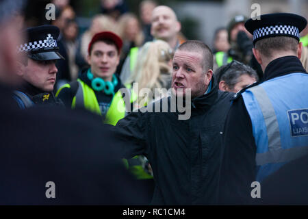 London, UK. 12th January, 2019. Police officers keep order between around fifty supporters of far-right group Liberty Defenders and hundreds of protesters taking part in a 'Britain is Broken: General Election Now' demonstration organised by the People's Assembly Against Austerity. Some members of both groups were wearing yellow vests in solidarity with the 'gilets jaunes' in France. Credit: Mark Kerrison/Alamy Live News Stock Photo