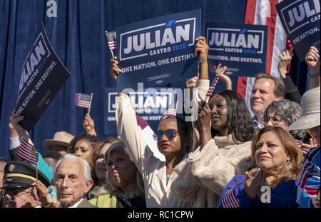 San Antonio, Texas, USA. 12th Jan, 2019. Former San Antonio mayor Julian Castro announces his presidential bid at historic Guadalupe Plaza in the San Antonio neighborhood of his youth. Castro, a Harvard educated lawyer and lifelong Democrat, drew 1,500 people out to start his campaign. Credit: Bob Daemmrich/ZUMA Wire/Alamy Live News Stock Photo