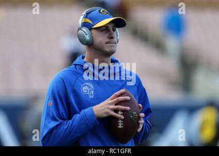 Los Angeles, CA, USA. 12th Jan, 2019. Los Angeles Rams quarterback Jared Goff (16) before the NFL Divisional Playoffs game between Dallas Cowboys vs Los Angeles Rams at the Los Angeles Memorial Coliseum in Los Angeles, Ca on January 12, 2019. Photo by Jevone Moore Credit: csm/Alamy Live News Stock Photo