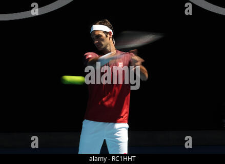 Melbourne, Australia. 13th Jan, 2019. Roger Federer of Switzerland attends a training session ahead of the Australian Open in Melbourne, Australia, Jan. 13, 2019. Credit: Bai Xuefei/Xinhua/Alamy Live News Stock Photo