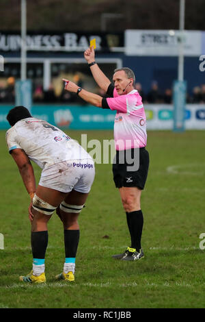 Nutts Park Arena, Coventry, UKRugby Union.   Referee Tim Wigglesworth gives Adam Peters  of Coventry a yellow card in the 25th minute of round 11 of the Championship match played between Coventry rfc and Doncaster Knights rfc at the Butts Park Arena, Coventry.  ©Phil Hutchinson / Alamy Live News Credit: Phil Hutchinson/Alamy Live News