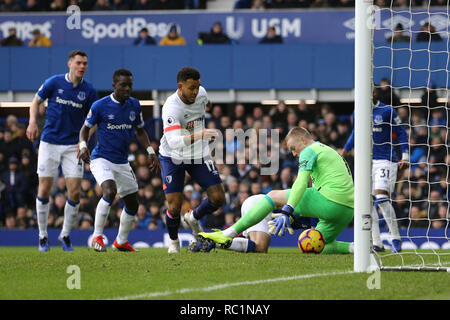 Liverpool, UK. 13th Janaury 2019. Joshua King of Bournemouth (16) tries to pounce on the ball as it goes under Everton Goalkeeper Jordan Pickford. Premier League match, Everton v AFC Bournemouth at Goodison Park in Liverpool on Sunday 13th January 2019.  this image may only be used for Editorial purposes. Editorial use only, license required for commercial use. No use in betting, games or a single club/league/player publications. pic by Chris Stading/Andrew Orchard sports photography/Alamy Live news Stock Photo