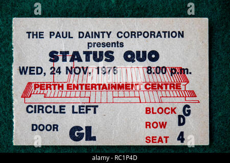 Ticket for Status Quo concert at Perth Entertainment Centre in 1976 WA Australia. Stock Photo