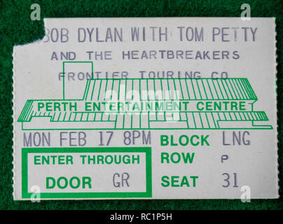 Ticket for Bob Dylan and Tom Petty And The Heartbreakers concert at Perth Entertainment Centre in 1983 WA Australia. Stock Photo