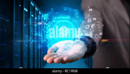 Man holding hologram projection displaying biometric security concept  Stock Photo