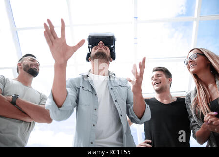 Doctor uses augmented reality goggles to exam human skeleton Stock Photo