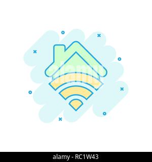 Smart home icon in comic style. House control vector cartoon illustration pictogram. Smart home business concept splash effect. Stock Vector