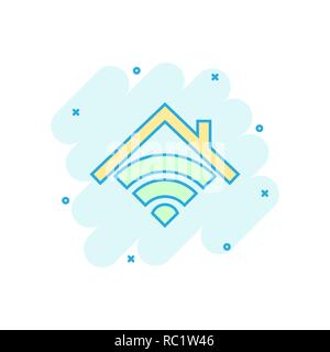 Smart home icon in comic style. House control vector cartoon illustration pictogram. Smart home business concept splash effect. Stock Vector