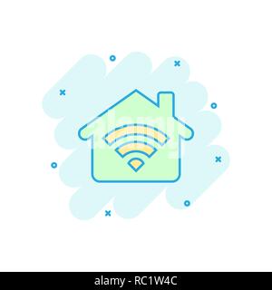 Smart home icon in comic style. House control vector cartoon illustration pictogram. Smart home business concept splash effect. Stock Vector