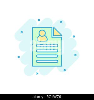 Resume icon in comic style. Contract document vector cartoon illustration pictogram. Resume business concept splash effect. Stock Vector