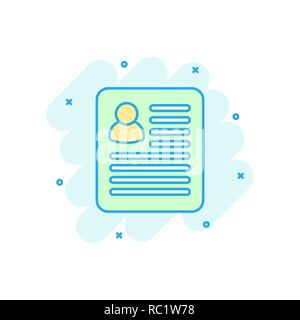 Resume icon in comic style. Contract document vector cartoon illustration pictogram. Resume business concept splash effect. Stock Vector