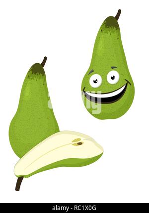 Pears vector illustration. One and a half green pear fruit on white background. Funny cartoon character illustration. Stock Vector