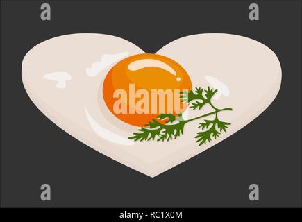 Fried eggs in the shape of a heart in a frying pan cooked for valentine day breakfast. Homemade food. Vector illustration on white background Stock Vector