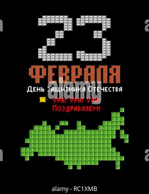 February 23. Defenders of Fatherland Day. Russia map pixel art postcard. Stylize old game 8 bit. Russian text: congratulations. February 23 Stock Vector