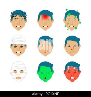 Headache set. Pain Bandaged head. Concussion and cold. High fever and heat infection. Flu virus. Nausea and dizziness. Metaphor of problems and reduce Stock Vector