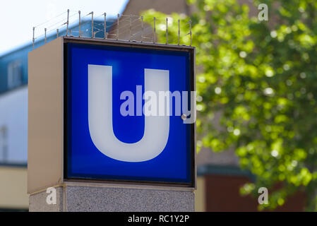 U- Bahn subway sign at the entrance of Chlodwigplatz station in Koeln, Germany. Stock Photo