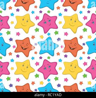 Seamless background, colored stars smilies on white. Vector Stock Vector