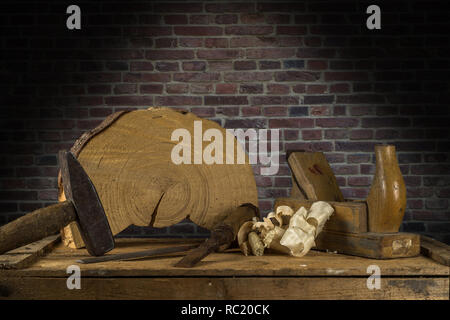 Various tools on a wooden table in the workshop. Concept for Diy or carpentry. Stock Photo