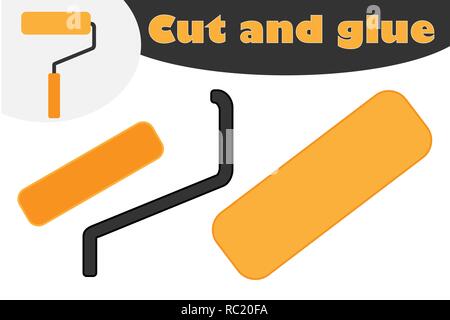 Roller in cartoon style, education game for the development of preschool children, use scissors and glue to create the applique, cut parts of the image and glue on the paper, vector illustration Stock Vector
