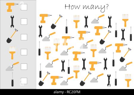 How many counting game with construction pictures for kids, educational maths task for the development of logical thinking, preschool worksheet activity, count and write result, vector illustration Stock Vector