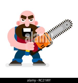 Vector Woodcutter With Chainsaw. Cartoon Illustration Isolated On White Background Stock Vector