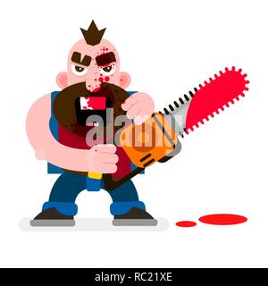 Crazy Murderer Covered In Blood With A Chainsaw Happy Halloween. Design For T-shirts, And Other Items. Stock Vector
