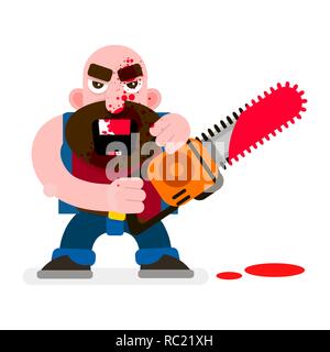 Crazy Murderer Covered In Blood With A Chainsaw Happy Halloween. Design For T-shirts, And Other Items. Stock Vector