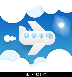Paper Flying Plane In Clouds. Blue Sky Travel Background. Cutout Flat Icons. Vector Illustration. Stock Vector