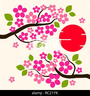 Cherry Blossom Background Sakura Flowers Pink On Branch Flat Vector Illustration Stock Vector