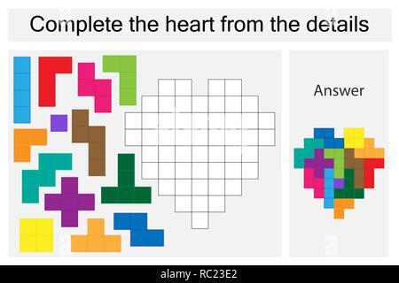 Puzzle game with colorful details for children, complete the heart, hard level, education game for kids, preschool worksheet activity, task for the development of logical thinking, vector illustration Stock Vector