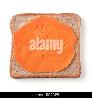 Bread slice isolated on white, clipping path. Slice of multigrain bread square form for toast. Image of one slice wholegrain bread, top view or flat lay. Stock Photo