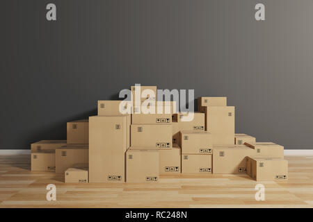 Stack of closed cardboard boxes wrapped with adhesive on the floor. Concept of moving and shipping Stock Photo