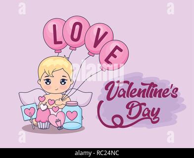 valentine day card with cupid and set icons vector illustration design Stock Vector