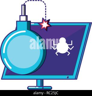 computer desktop with bomb and bug vector illustration design Stock Vector