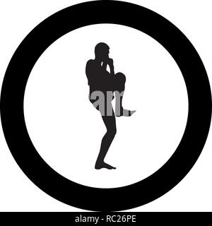 Fighter in fighting stancewith raised leg Man doing exercises Sport action male Workout silhouette side view icon black color vector I flat Stock Vector