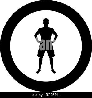 Man holding hands on belt confidence concept silhouette serious master of the situation front view icon black color vector I flat style sim Stock Vector