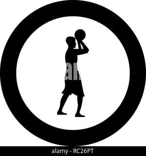Basketball player throws a basketball Man shooting ball side view icon black color vector I flat style simple imagein circle round Stock Vector